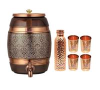Lalit Kishori Handmade, heavy-gauge containers with four glass and one bottle | Hammered Water Dispenser Made of 100% Pure Copper 1.32 gallon