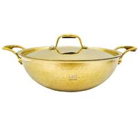 Lalit Kishori jewellary hub Handmade Brass Kadhai with Lid | Non-Stick Brass Utensils | Heavy Duty Tin Coating Hammered Kadai for Cooking (Golden, 4.22 Quarts)