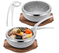 Lallisa 2 Set Dolsot Bibimbap Stone Bowl with Wood Base and Aluminum Tongs Dolsot Pot Stone Bowls Sizzling Hot Pot for Korean Restaurants, Soup, Rice, Stew(32 oz)