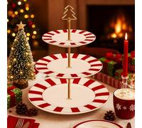 Lallisa 3 Tier Christmas Cake Stand 10", 9" and 7" Ceramic Xmas Striped Tiered Cupcake Display Holder Tower for Serving Food Cake Desserts Treats Holiday Party Decoration(Red and White)