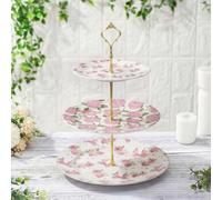 Lallisa 3 Tier Pink Floral and Bow Cake Stand 10", 9" and 7" Ceramic Serving Tray Dessert Cupcake Display Holder Tower for Wedding Baby Bridal Shower Tea Party Decoration