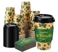 Lallisa 50 Pack 16 oz St. Patrick's Day Disposable Coffee Cups with Lids and Sleeves Green Shamrock Paper Drinking Cups Bulk for Irish Wedding Birthday Hot Cold Beverage Party Supplies