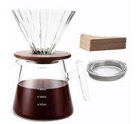 Lalord Pour Over Coffee Maker, 600 ml Borosilicate Glass Set with 100 pcs Paper Filter, Walnut Collar & Glass Lid, Drip Coffee Maker, 1-3 Cups, Clear (glass handle)