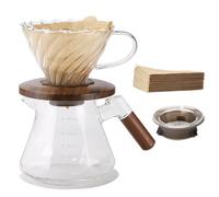 Lalord Pour Over Coffee Maker, 600 ml Borosilicate Glass Set with 100 pcs Size 02 Paper Filter, Walnut Collar & Glass Lid, Drip Coffee Maker, 1-3 Cups, Clear