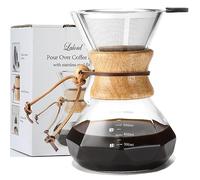 Lalord Pour Over Coffee Maker with Reusable Stainless Steel Filter, 600 ml Borosilicate Glass Coffee Carafe, Wooden Collar, Coffee Dripper Brewer, Hold 3 Cups, 600ml