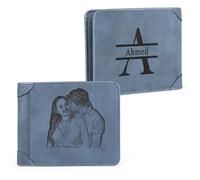 Lam Hub Fong Men's Personalized Leather Wallets, Blue, Letter Print, Slim, 5 Compartments, Classic Style