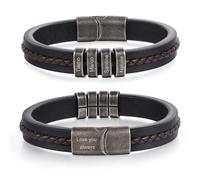 Lam Hub Fong Personalised Mens Leather Bracelets Gifts for Men Engraved 2-5 Family Name Retro Beads Bracelets for Mens Him Dad Boyfriend Gift for Birthday Father's Day Anniversary (4 Beads -19cm)