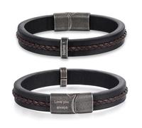 Lam Hub Fong Personalised Mens Leather Bracelets Gifts for Men Engraved 2-5 Family Name Retro Beads Bracelets for Mens Him Dad Boyfriend Gift for Birthday Father's Day Anniversary (1 Beads -19cm)