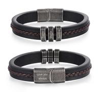 Lam Hub Fong Personalised Mens Leather Bracelets Gifts for Men Engraved 2-5 Family Name Retro Beads Bracelets for Mens Him Dad Boyfriend Gift for Birthday Father's Day Anniversary (3 Beads -21.5cm)