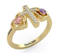 Lam Hub Fong Personalized Cross Ring for Women Engravable 2 Simulate Birthstones Mothers Cross Rings Promise Rings Valentines Day Jewelry for Women (Gold)