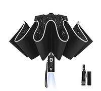 LAMA Folding Umbrella, Inverted Umbrella Windproof Strong, Auto Open/Close, Anti-UV, Compact, Portable Travel Umbrella with LED Light and Reflective Stripes for Rain Sun, Black+LED