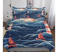 LAMAME Lighthouse In The Ocean Comforter Cover Kid Bedding Set Painting Duvet Cover For Child Youth Girly Decorations 3 Pcs With Pillow Case Soft Comfortable King(220x240cm)