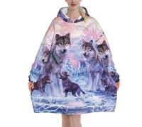 LAMAME Winter Wolf Family printed Blanket Hoodie Wearable Blanket Warm Hooded Blanket