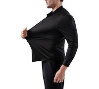 LAMANIERE Mens Formal Shirt Super Stretch Long Sleeve Slim Fit Plain Office Button Down Dress Shirt Regular Collared Muscle Fit, Black, L