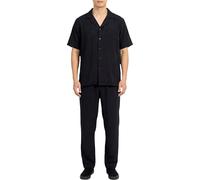 LAMANIERE Mens Two Piece Shirt & Trousers Set Short Sleeve Crinkle Elasticated Smart Top & Bottom Summer Beach, Black, M