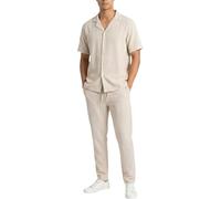 LAMANIERE Mens Two Piece Shirt & Trousers Set Short Sleeve Crinkle Elasticated Smart Top & Bottom Summer Beach, Beige, S