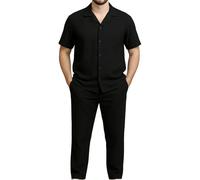 LAMANIERE Mens Two Piece Shirt & Trousers Set Short Sleeve Crinkle Elasticated Smart Top & Bottom Summer Beach, Black, S