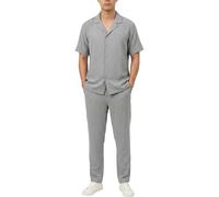 LAMANIERE Mens Two Piece Shirt & Trousers Set Short Sleeve Crinkle Elasticated Smart Top & Bottom Summer Beach, Charcoal, L