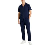 LAMANIERE Mens Two Piece Shirt & Trousers Set Short Sleeve Crinkle Elasticated Smart Top & Bottom Summer Beach, Navy, XXL