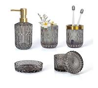LaMarriti 5-Piece Black Glass Bathroom Accessory Set - Lotion Dispenser, Soap Dish, Toothbrush Holder, Tumbler, Cotton Swab Jars - Vintage Decor and Gift Set - Grey Black