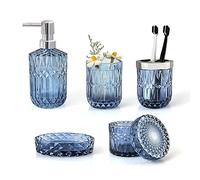 LaMarriti 5Pcs Blue Glass Bathroom Accessory Complete Set, Lotion Dispenser, Soap Dish, Tumbler, Cotton Swab Jars, Toothbrush Holder Set, Modern Bathroom Decor and Gift Set, Blue