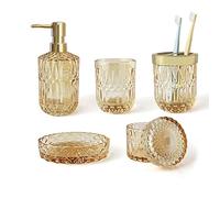LaMarriti 5-Piece Clear Gold Glass Bathroom Accessory Set - Lotion Dispenser, Soap Dish, Tumbler, Cotton Swab Jars, Toothbrush Holder - Golden, Yellow-Orange