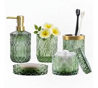 LaMarriti 5Pcs Glass Bathroom Accessories Complete Set, Lotion Dispenser, Soap Dish, Toothbrush Holder, Tumbler, Cotton Swab Jars, Modern Bathroom Decor and Gift Set, Green