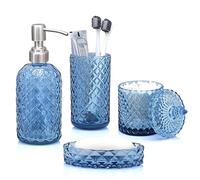 LaMarriti Blue Bathroom Accessories Set, 4Pcs Clear Glass Bathroom Accessory Set Complete, Lotion Soap Dispenser, Toothbrush Holder Set, Soap Dish, Qtip Holder for Modern Bath Decor, Light Blue