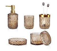 LaMarriti Brown Bathroom Accessories Set, 5Pcs Glass Bathroom Accessories, Lotion Soap Dispenser, Toothbrush Holder Set, Soap Dish, Qtip Holder, Tumbler for Crystal Vintage Bathroom Decor, Gift Set