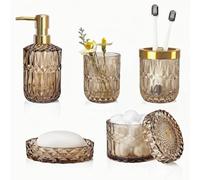 LaMarriti Brown Bathroom Accessories Set, 5Pcs Glass Bathroom Set, Soap Dispenser and Toothbrush Holder Set, Soap Dish, Qtips Holder, Tumbler for Crystal Vintage Bathroom Decor