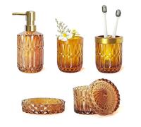 LaMarriti Glass Bathroom Accessories Set - 5Pcs Amber Brown Hand Soap Dispenser, Soap Dish, Toothbrush Holder - Vintage Decor, Thanksgiving Gift