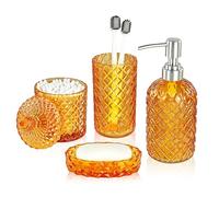 LaMarriti Orange Bathroom Accessory Set Complete, 4Pcs Clear Glass Bathroom Accessories, Burnt Orange Hand Soap Dispenser, Toothbrush Holder Set, Soap Dish, Cotton Swab Jar for Modern Bathroom Decor