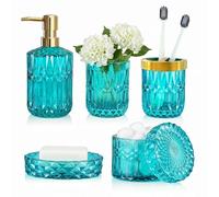 LaMarriti Teal Bathroom Accessorries Set, 5Pcs Glass Bathroom Set