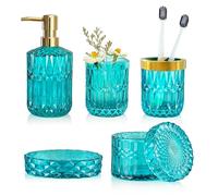 LaMarriti Teal Blue Bathroom Accessories Set, 5Pcs Clear Glass Bathroom Accessories, Hand Soap Dispenser Set, Soap Dish, Toothbrush Holder, Tumbler, Qtip Holder for Crystal Vantage Bathroom Decor