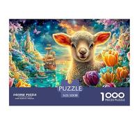 Lamb Among Tulips, Ship in Glowing Waters 1000-Piece Jigsaw Puzzle Sheep Brainteasing Challenge for All Ages 52x38cm/1000pcs