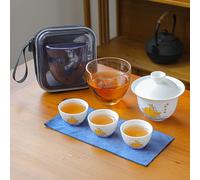 Lamb Fat Jade White Porcelain Crack Cup Travel Tea Set Carry-on Bubble Kung Fu Tea Set Gaiwan Tea Set Chinese Tea Sets for Adults (Smooth Sailing)