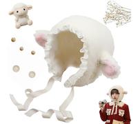 Lamb Hat for Girls, Cute Cartoon Sheep Hat with Strap Y2K Beanie Winter Headwear, Fluffy Animal Ears Costume for Cosplay, Photo Props, Party, and Daily Wear (UK, Alpha, One Size, White)