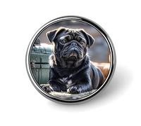 Lamb Metal Lapel Pin, Lightweight, Durable, Fashionable Round Badge for Shirts, T-Shirts, Jackets, Cute Black Pug Dog, Circular