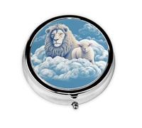 Lamb with A Lion On The Clouds Pill Case with Mirror Retro 3 Compartment Pill Box Small Pill Organizer for Purse or Pocket Decorative Metal Medicine Vitamin Organizer Unique Gifts