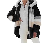 Lamb Wool Padded Coat, Women Winter Contrasting Zip Up Warm Fleece Plaid Hoodie Cardigans with Pockets (Black,2X-Large)