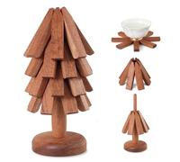 Lambluefly Christmas Tree Coaster Stack, Set of 4 Tree Shape Wooden Tree Coasters Stackable(4 Wooden + 1 Stand), Foldable & Reusable Wooden Trivet Tree Coasters for Hot Pot Holders, Christmas Deco