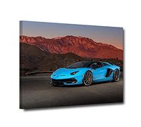 Lamborghini Aventador SVJ Canvas Poster Blue Speed Sports Car Wall Art Mountain Background Road Framed Art Prints Modern Home Decoration for Living Room Bedroom, Ready to Hang (Lambo-2, 24x36inch)