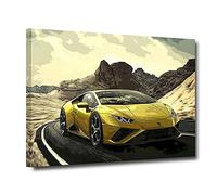 Lamborghini Huracan Poster Yellow Supercar Picture Print on Canvas Framed Superveloce Car Wall Art Roadster Art Decoration Modern Home Decor for Living Room Bedroom, Ready to Hang (Lambo-1, 16x24inch)