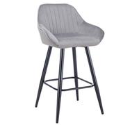 Lamboro Velluto Velvet Kitchen Bar Stool, Powder-Coated Black Fixed Legs With Footrest, Velvet Padded Seat, Backrest & Armrest, Grey