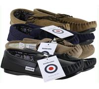 Lambretta Mens British Hand Made Leather Paisley Lined Moccasin Slippers - Black - Full Grain - UK 10