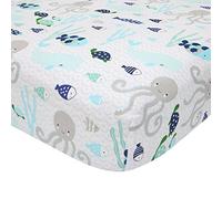 Lambs & Ivy Oceania 100% Cotton Fitted Crib Sheet - White with Blue Nautical/Aquatic Fish and Octopus