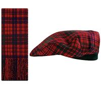 Lambswool Flat Cap and Scarf Matching Gift Set Ross Red Modern Tartan Plaid One Size Elasticated Band Baker Boy Hat Neck Warmer Men Women Comfort Fit Scottish Gifts for Women Men's Accessories