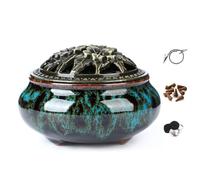 LamDawn Censer Sky Blue Incense Burner with Calabash Incense Stick Holder - Porcelain Charcoal Censer for Use with Resin Granular Powder Cone or Coil Incense (Blue Fambe)