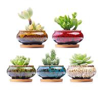 LamDawn Cute Ceramic Succulent Garden Pots, Planter with Drainage and Attached Saucer, Set of 5 -Plants Not Included (Burner)