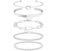Lamdo Silver Bangle Cuff Bracelets for Women Trendy Sterling Silver Chain Bracelet Stack Adjustable Silver Beaded Bracelet Set 5Pcs 7+2 inch, 7+2 inch, Sterling Silver, no gemstone